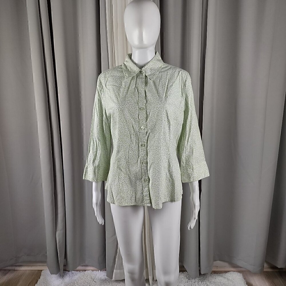 Kim Rogers Cotton Blend Green White Floral Pattern Button Down Shirt Size Large